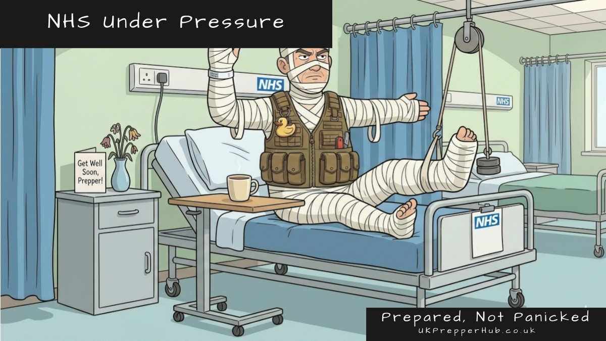 Keith the Prepper heavily bandaged from head to toe in an NHS hospital bed, still wearing his tactical vest and rubber duck badge, with a Get Well Soon Prepper card beside him — UK Prepper Hub