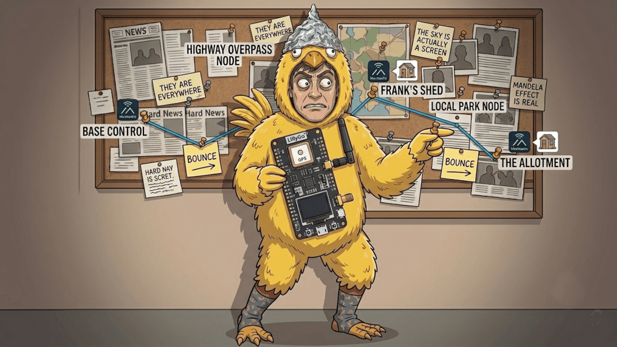 Chicken Licken in a yellow chicken costume and tin foil hat standing in front of a cork board mapping LoRa radio node connections — LoRa radio guide for UK preppers