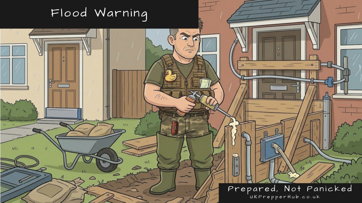 Illustrated cartoon of Keith the Prepper in tactical gear standing in heavy rain using a caulking gun, surrounded by DIY flood defences and sandbags in a wheelbarrow outside his house — UK Prepper Hub flood warning news image