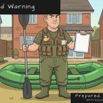 Illustrated cartoon of Keith the Prepper in tactical gear and wellies standing in his back garden, holding a paddle and a clipboard, with a green inflatable dinghy behind him — UK Prepper Hub flood warning news image