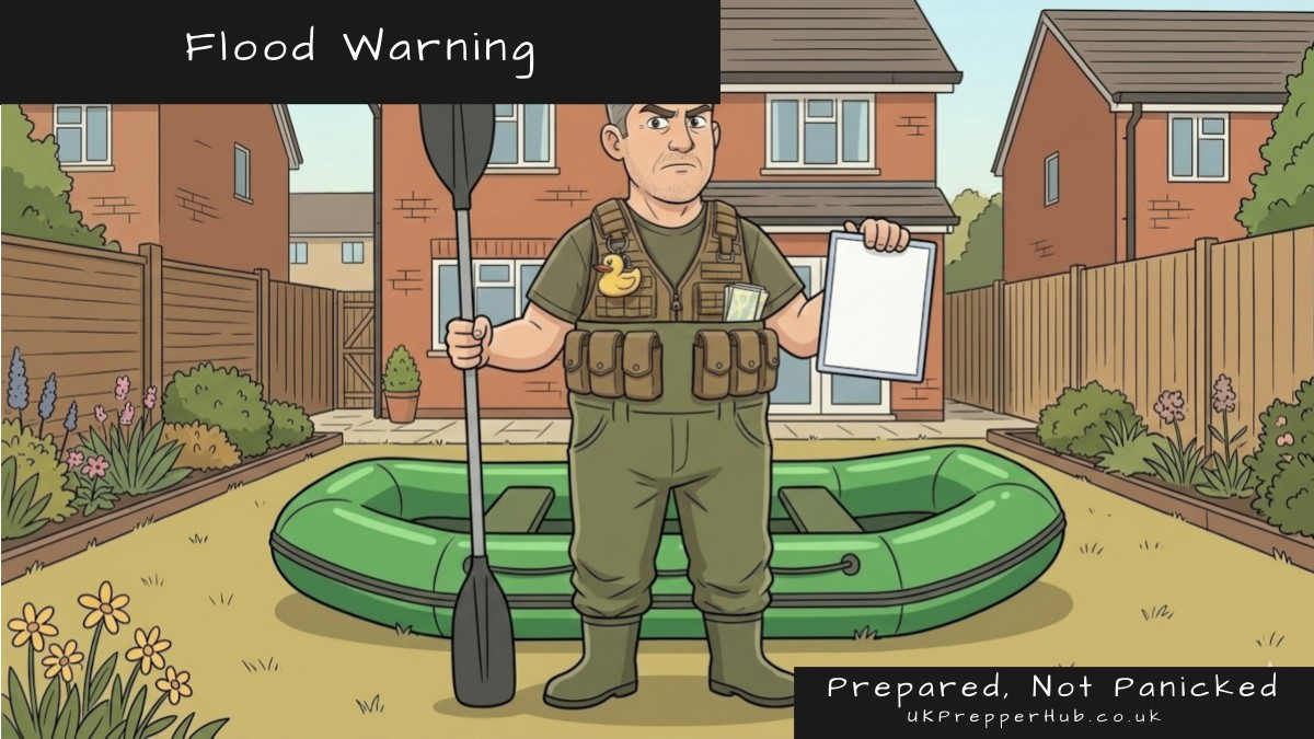 Illustrated cartoon of Keith the Prepper in tactical gear and wellies standing in his back garden, holding a paddle and a clipboard, with a green inflatable dinghy behind him — UK Prepper Hub flood warning news image