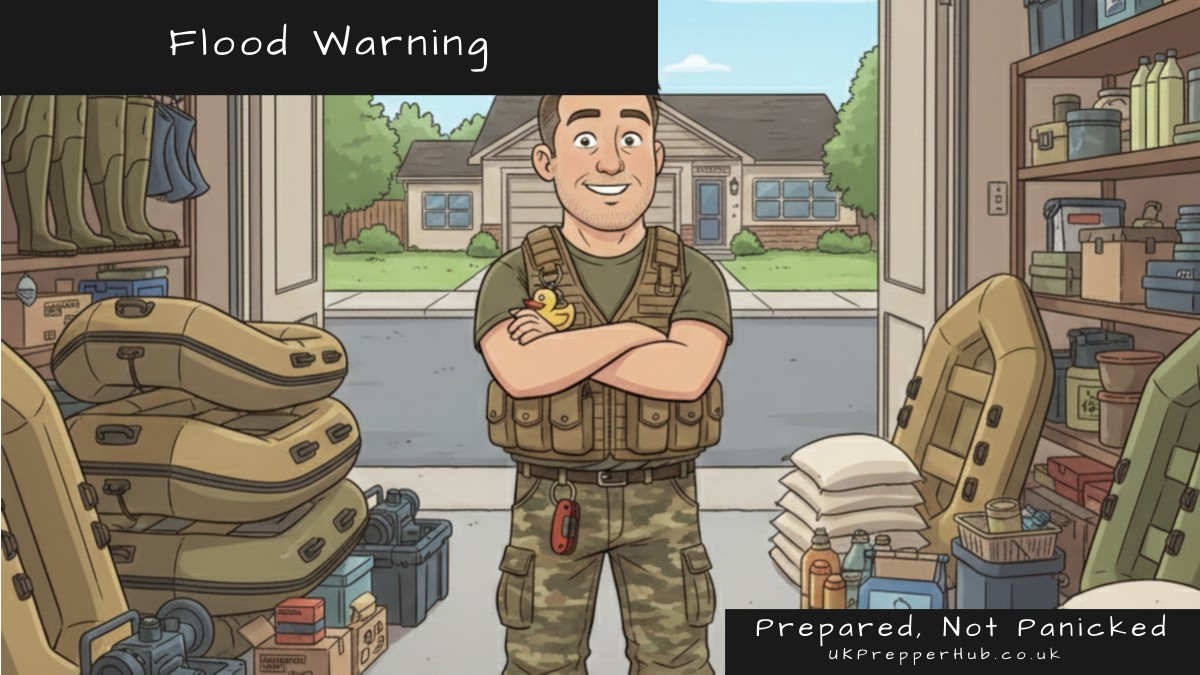 Illustrated cartoon of Keith the Prepper in tactical gear standing in his garage with arms folded and a satisfied grin, surrounded by multiple inflatable dinghies, wellies, sandbags, and flood prep supplies — UK Prepper Hub flood warning news image