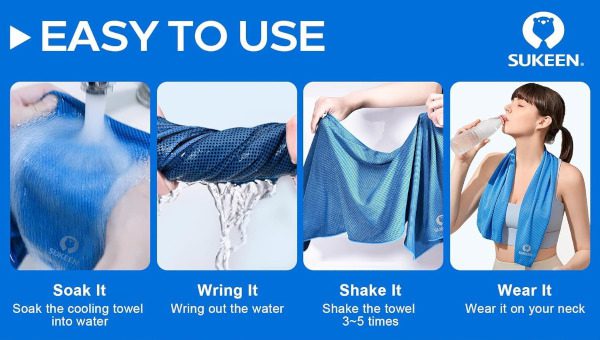How the Sukeen cooling towel works - 4 steps - soak, wring, shake, wear