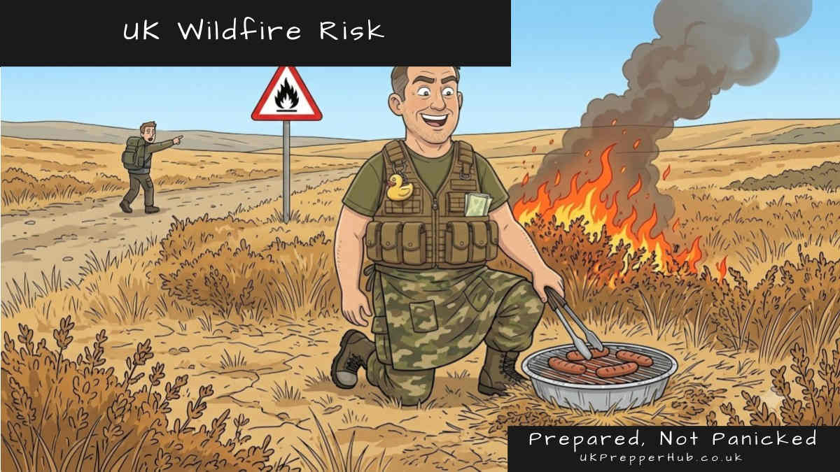 Cartoon of Keith in tactical gear and camouflage BBQ apron kneeling on dry moorland, obliviously cooking sausages on a disposable BBQ while a wildfire spreads through the heather behind him — a hiker in the background points in alarm