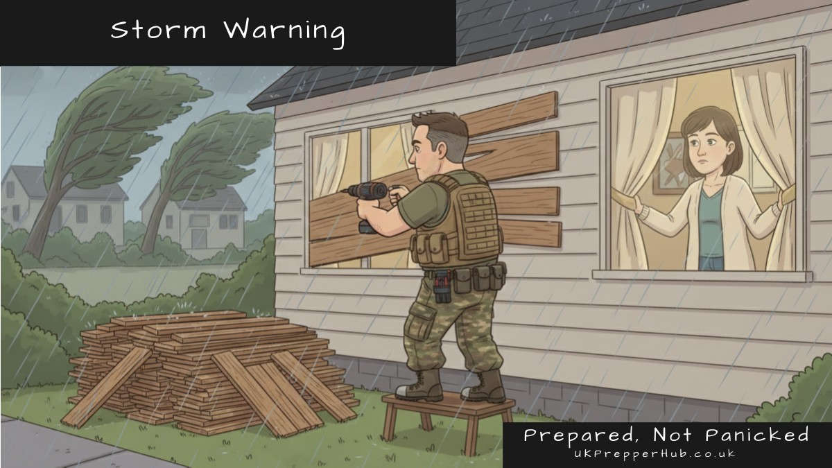 Illustrated cartoon of Keith the Prepper in tactical gear standing on a step stool in a driving storm, drilling wooden boards over his windows, while his wife watches through the adjacent window looking concerned and trees bend in the wind behind him — UK Prepper Hub storm warning news image