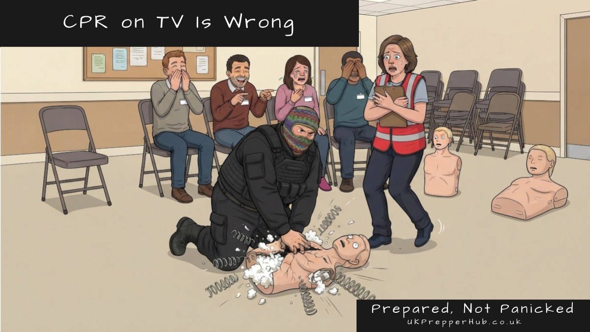 CPR training course cartoon — tactical prepper in knitted balaclava destroys mannequin while instructor looks on in horror