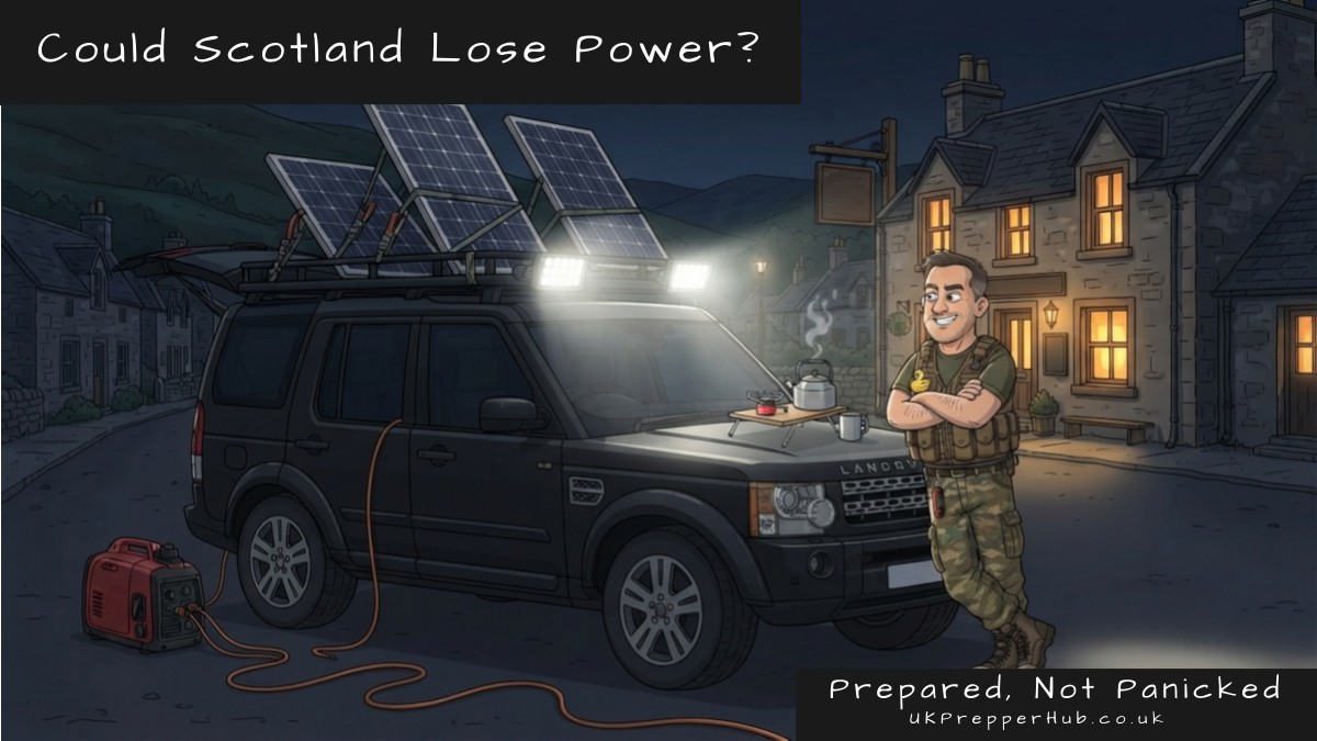 Could Scotland lose power? Keith runs a generator and solar panels from his Land Rover while the village pub glows behind him.