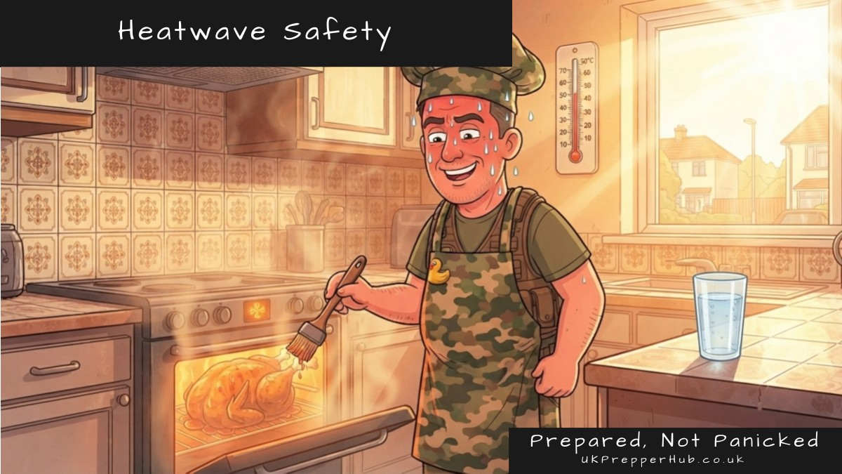 Keith the Prepper overheating in his kitchen — a heatwave safety warning about using an oven in extreme heat