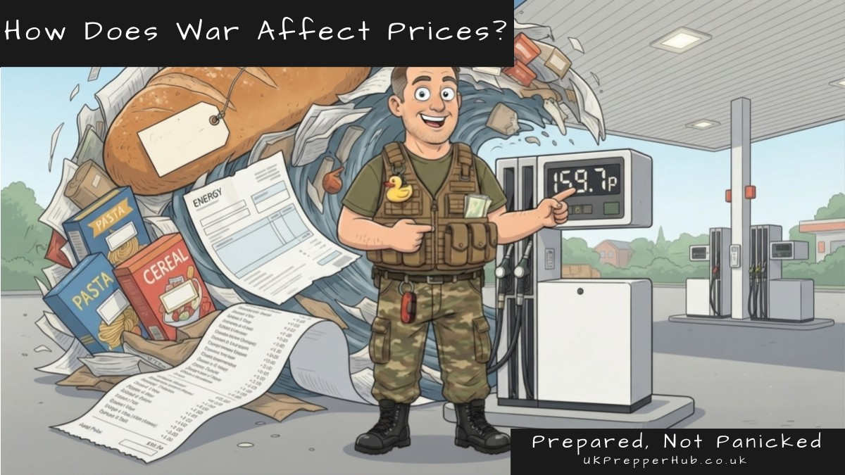 How does war affect prices — Keith the prepper points at a low petrol pump price, unaware of a wave of rising food and energy costs looming behind him
