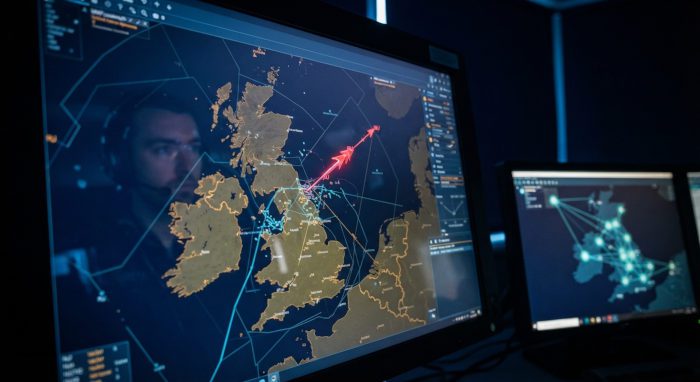 Is Russia a Threat to the UK? The Jets, Warships, Cables and Cyberattacks — Two Years of Evidence | UK Prepper Hub UK air defence radar operator tracking an inbound aircraft, showing Russia probing UK airspace defences