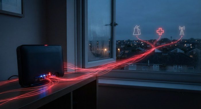 Is Russia a Threat to the UK? The Jets, Warships, Cables and Cyberattacks — Two Years of Evidence | UK Prepper Hub Home router with red data threads reaching toward power, hospital and mast icons, symbolising a UK cyberattack