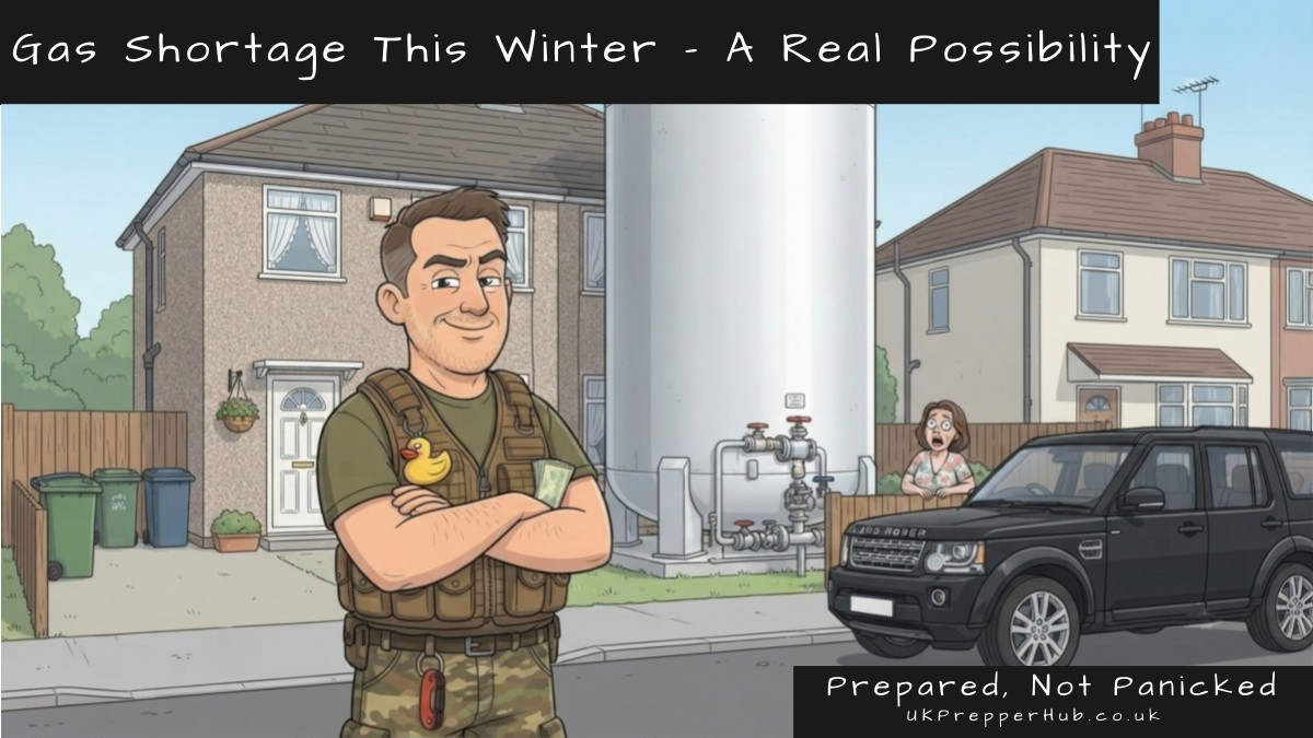 Keith the prepper arms folded before a massive industrial gas tank in his garden — his solution to a gas shortage this winter