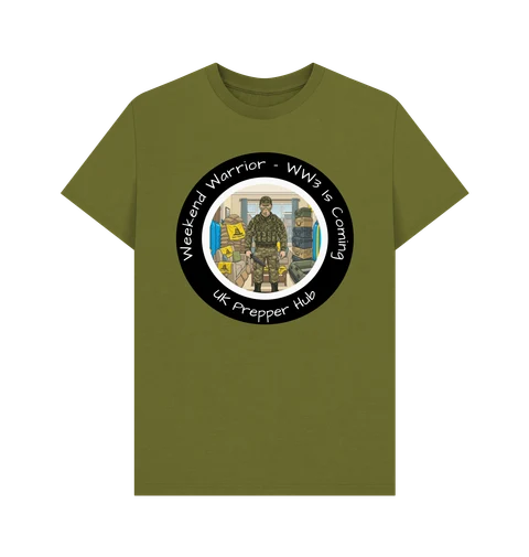 UK Prepper Hub Merch — Character T-Shirts | UK Prepper Hub Weekend Warrior WW3 Is Coming t-shirt, moss green organic cotton