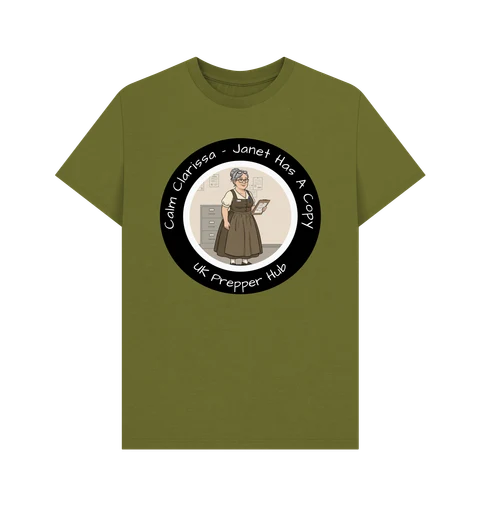 UK Prepper Hub Merch — Character T-Shirts | UK Prepper Hub Calm Clarissa Janet Has A Copy t-shirt, moss green organic cotton