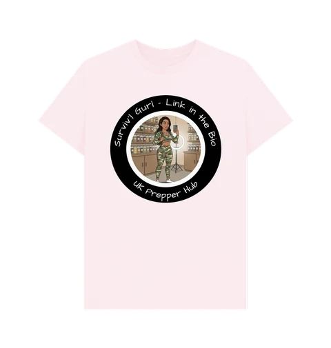 UK Prepper Hub Merch — Character T-Shirts | UK Prepper Hub Surviv'l Gurl Link In The Bio t-shirt, pale pink organic cotton