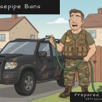Cartoon illustration of Keith the prepper looking shocked, holding a hosepipe next to his muddy 4x4, with a Hosepipe Ban In Effect sign on the fence behind him
