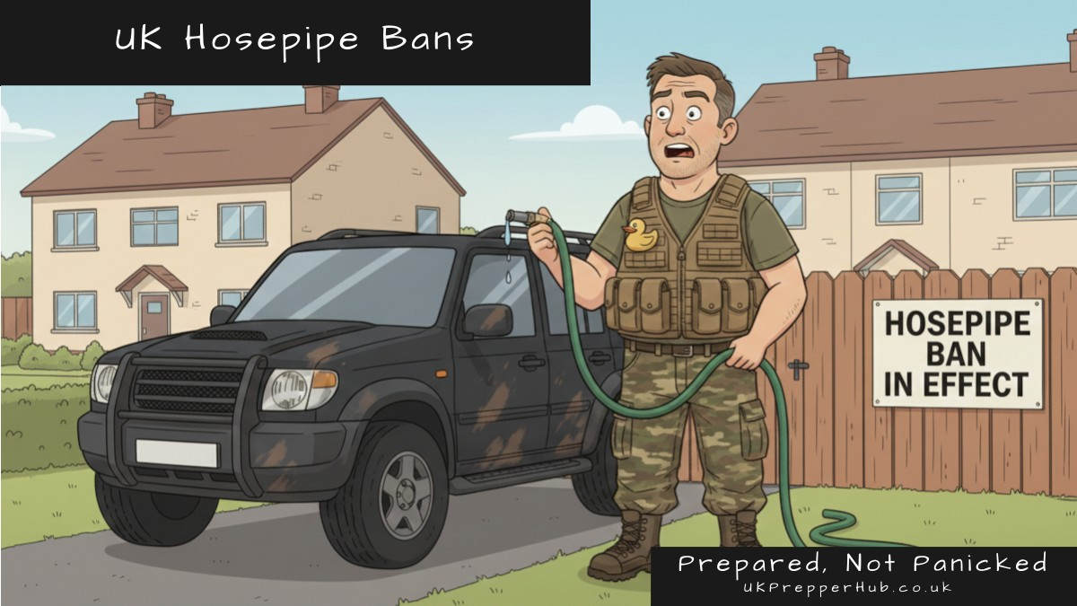 Cartoon illustration of Keith the prepper looking shocked, holding a hosepipe next to his muddy 4x4, with a Hosepipe Ban In Effect sign on the fence behind him