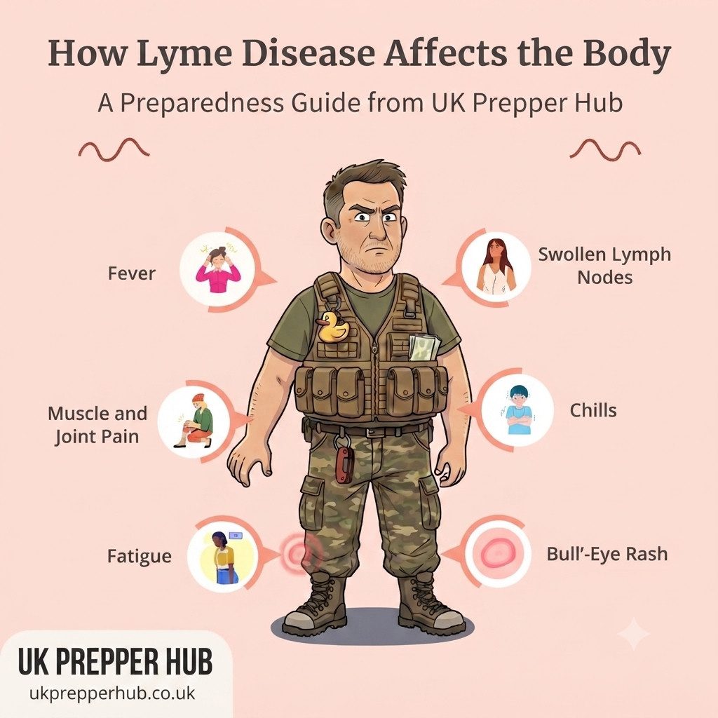Infographic showing Lyme disease symptoms: fever, chills, fatigue, muscle and joint pain, swollen lymph nodes and a bullseye rash
