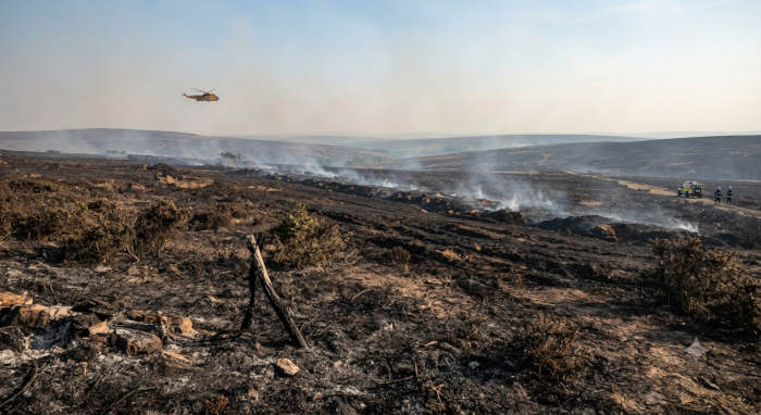 Moorland Fires Have Burned 18,600 Hectares This Year — And Britain's Fire Service Is Running on Empty | UK Prepper Hub Scorched moorland showing the scale of wildfires 2026, with a rescue helicopter overhead