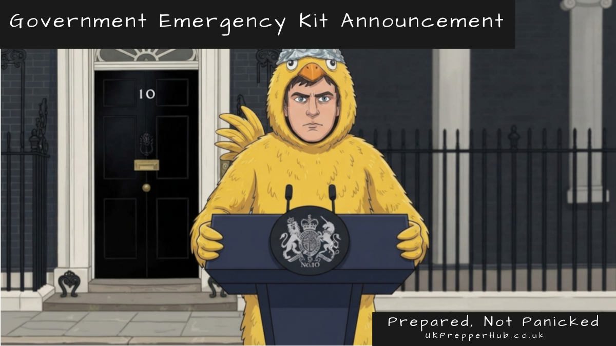 Chicken Licken in a tin foil hat delivers a government emergency kit announcement outside 10 Downing Street