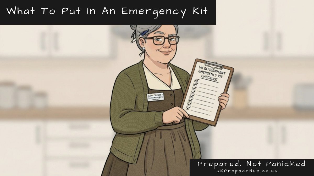 Calm Clarissa holds a UK Government Emergency Kit Checklist clipboard, illustrating what to put in an emergency kit