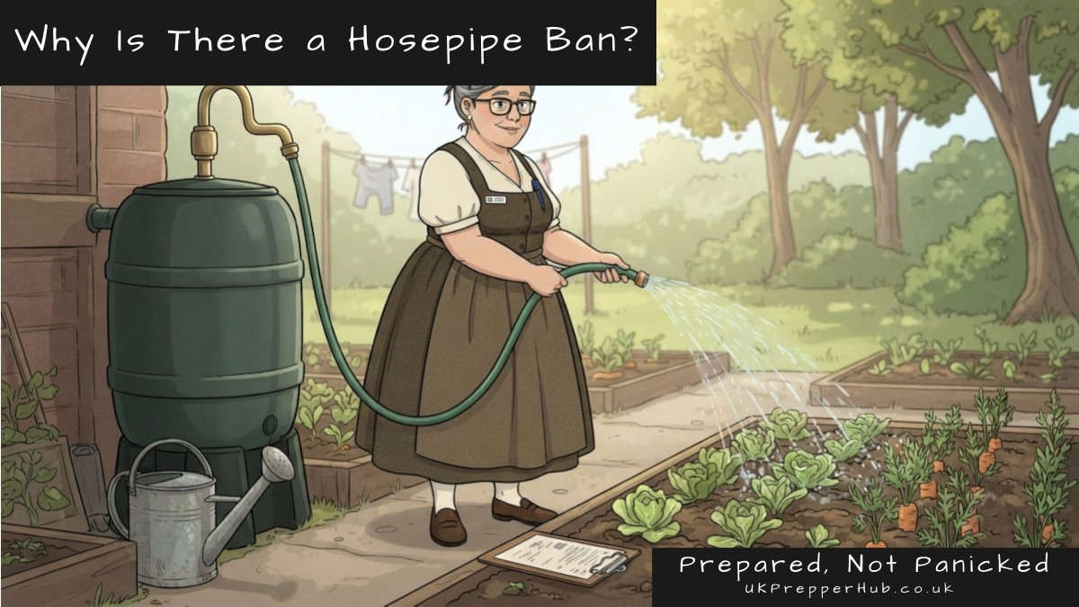 Calm Clarissa watering her vegetable patch with a hosepipe connected to a water butt pump, perfectly legal during a hosepipe ban