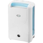 EcoAir DD1 Simple desiccant dehumidifier in white with a blue top vent and side panel, rotary dial controls on top