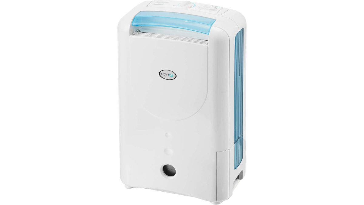 EcoAir DD1 Simple desiccant dehumidifier in white with a blue top vent and side panel, rotary dial controls on top