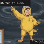 Chicken Licken pointing at a storm sky, illustrating the El Nino UK winter 2026 forecast