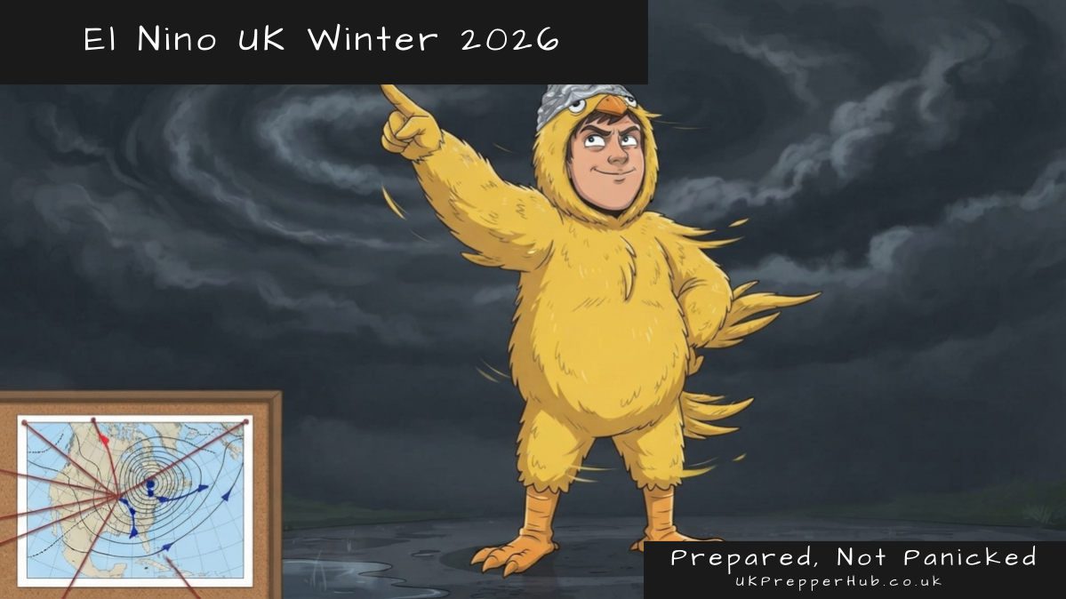 Chicken Licken pointing at a storm sky, illustrating the El Nino UK winter 2026 forecast