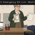 Calm Clarissa with the government emergency kit list and a sheet showing what is missing