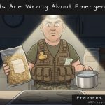 Keith in a dark kitchen holding dried pasta and cold water over a dead hob: an emergency food supply that needs fuel