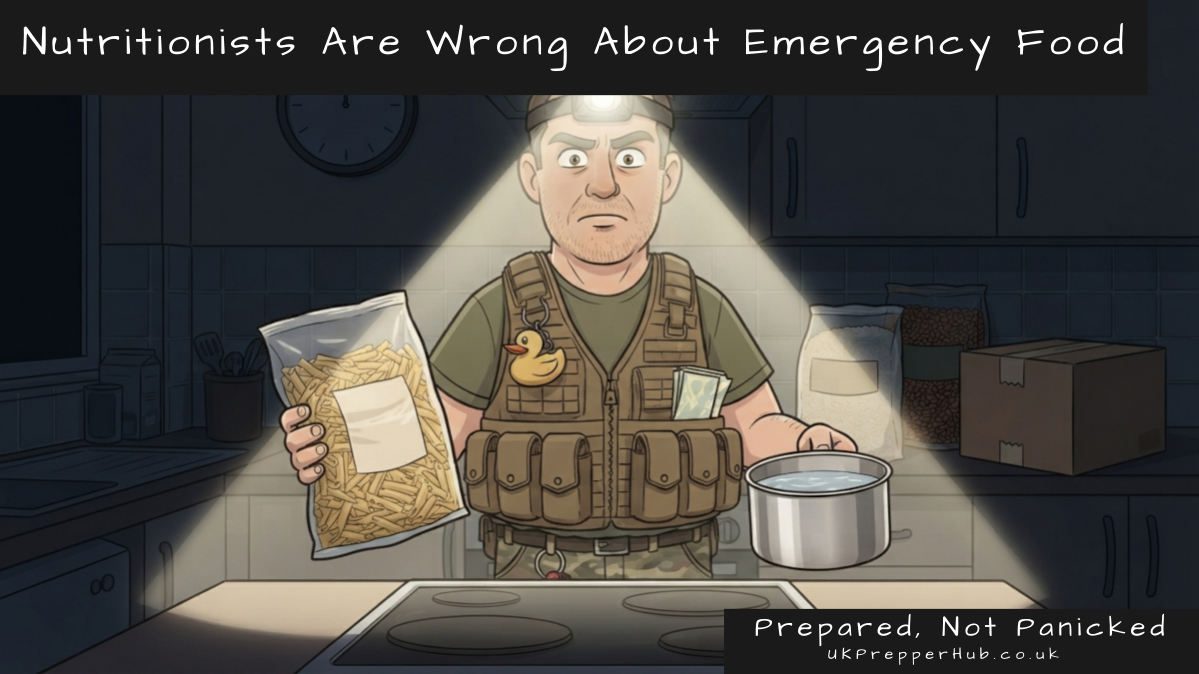 Keith in a dark kitchen holding dried pasta and cold water over a dead hob: an emergency food supply that needs fuel