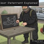 Illustrated prepper character explaining the UK nuclear deterrent with a chalkboard diagram