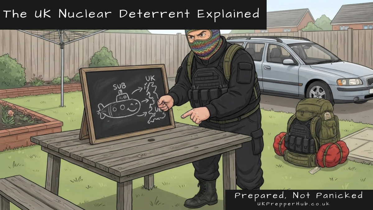 Illustrated prepper character explaining the UK nuclear deterrent with a chalkboard diagram