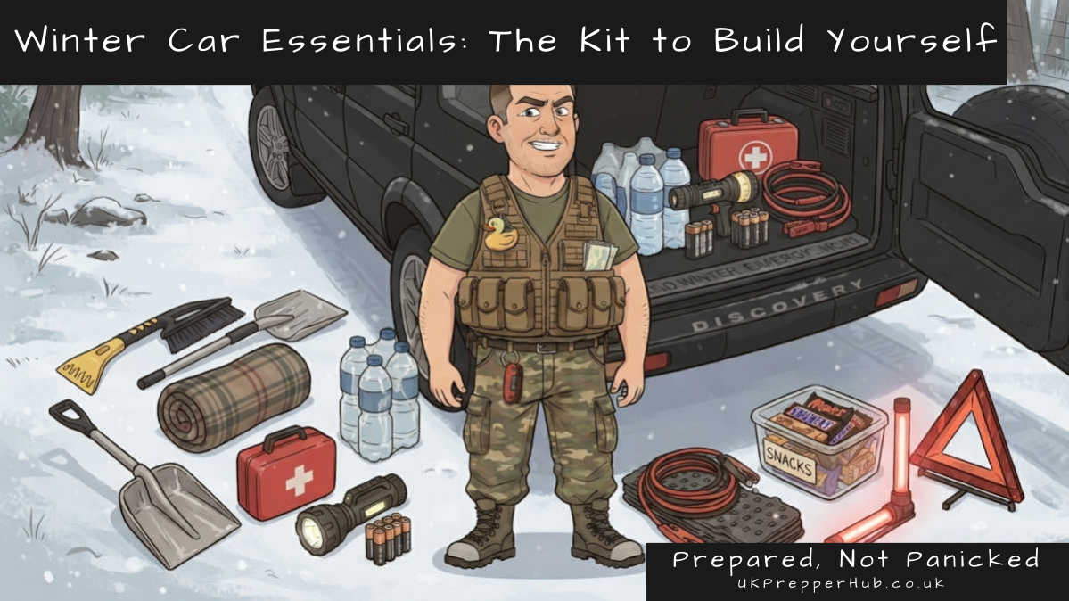Keith displaying his homemade winter cars essential kit