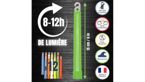 Cyalume SnapLight glow sticks: a green 15cm light stick with hanging hook, beside the 12-stick pack in six colours