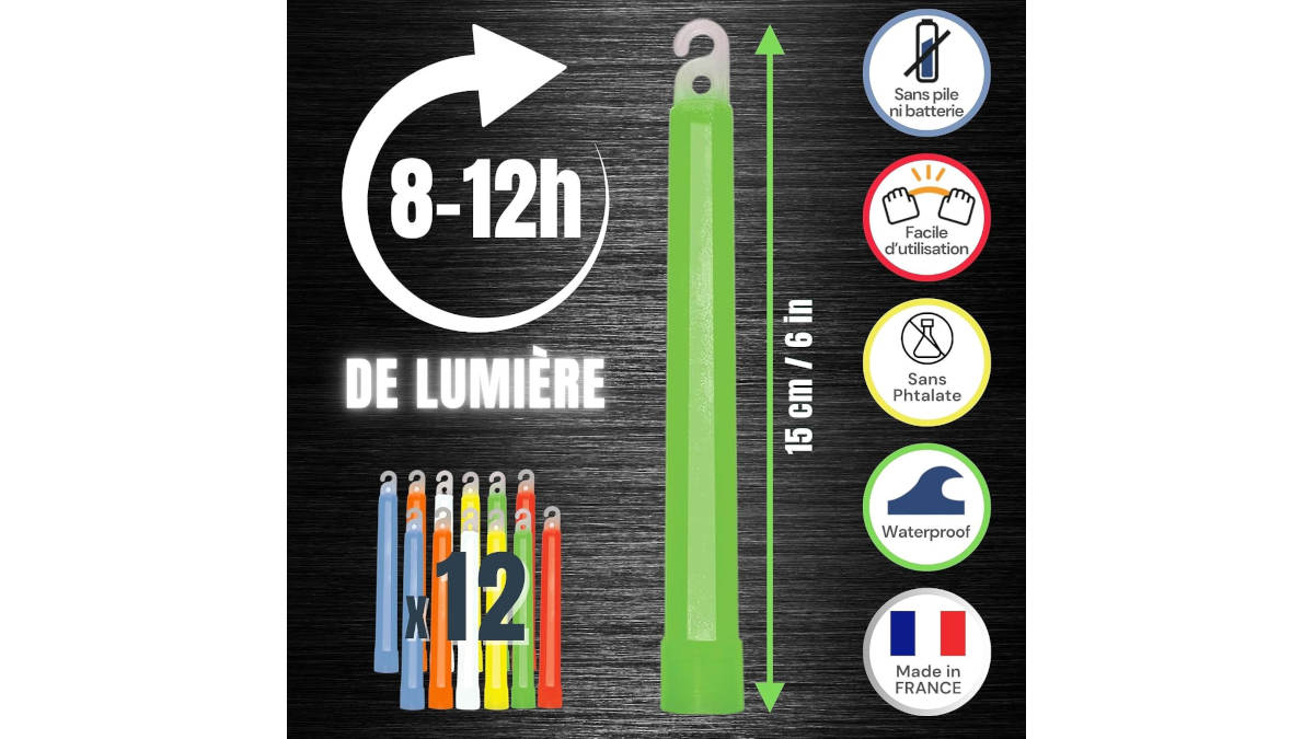 Cyalume SnapLight glow sticks: a green 15cm light stick with hanging hook, beside the 12-stick pack in six colours