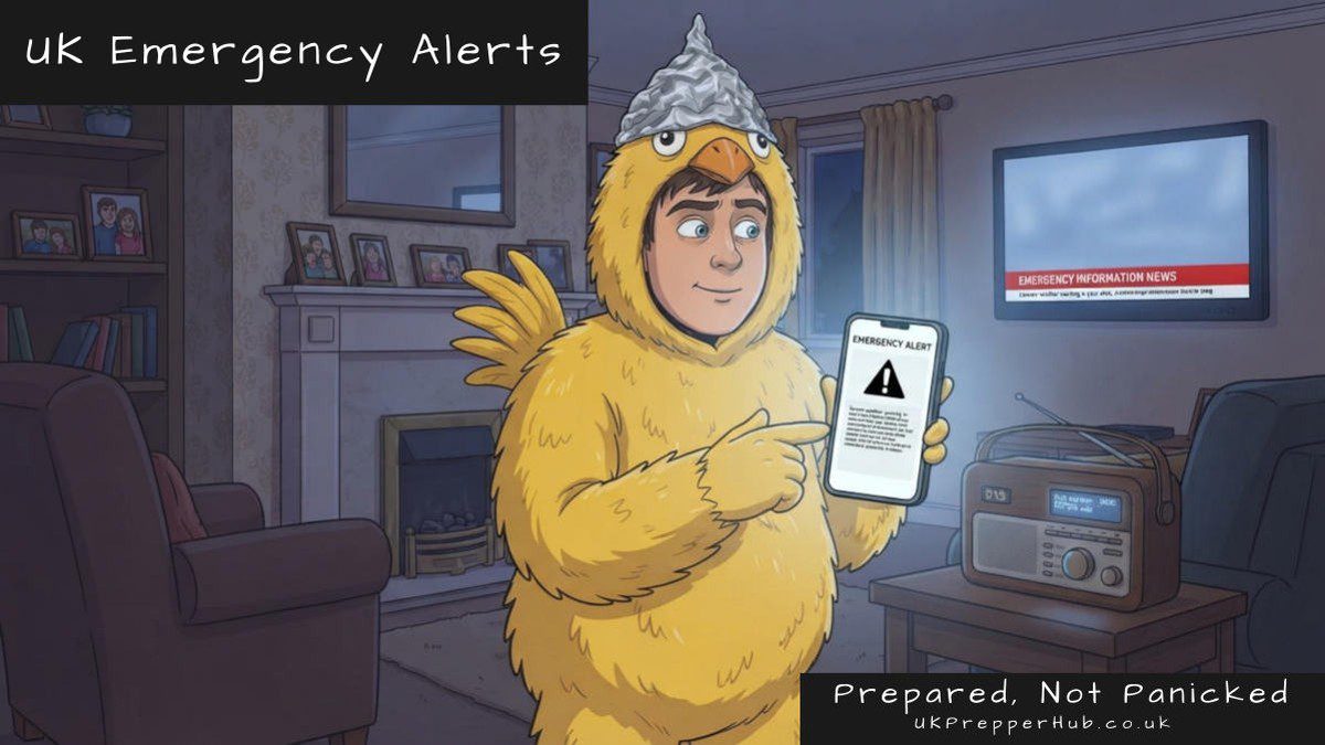 Chicken Licken in his living room pointing at a UK Emergency Alert on his phone, with a DAB radio on and an emergency news banner on the TV