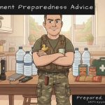 Keith the Prepper standing arms folded in a British kitchen behind a table laid out with a home emergency kit: torch, power bank, bottled water, tins, pasta, first-aid box and wind-up radio