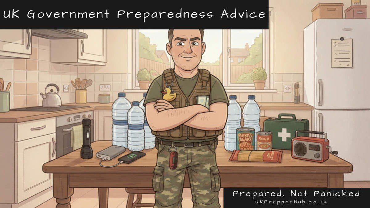 Keith the Prepper standing arms folded in a British kitchen behind a table laid out with a home emergency kit: torch, power bank, bottled water, tins, pasta, first-aid box and wind-up radio