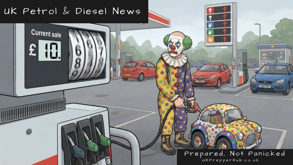 Camping Clown filling a tiny polka-dot clown car at a UK petrol station as the pump price counter spins, with red up arrows on the forecourt price sign
