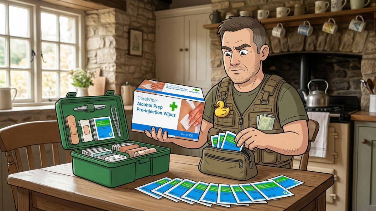 Keith the Prepper at a cottage kitchen table restocking a first aid box and grab bag pouch with Core Medical alcohol swabs