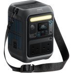 Anker SOLIX C300X portable power station with two UK plug sockets, USB-C ports, a light bar and a shoulder strap