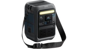 Anker SOLIX C300X portable power station with two UK plug sockets, USB-C ports, a light bar and a shoulder strap