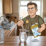 Cartoon of Keith the Prepper dropping an Aquatabs water purification tablet into a jug of water in a UK kitchen