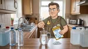 Cartoon of Keith the Prepper dropping an Aquatabs water purification tablet into a jug of water in a UK kitchen