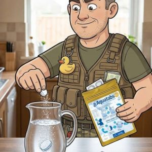 Weekend Warrior | UK Prepper Hub Keith dropping an Aquatabs tablet into a jug of water, holding the Aquatabs pouch