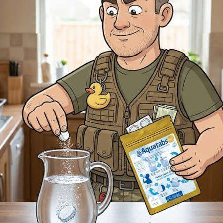 Keith dropping an Aquatabs tablet into a jug of water, holding the Aquatabs pouch