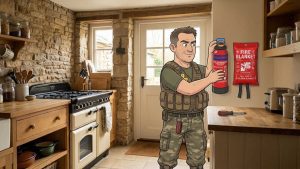 Keith the Prepper fixing a FireShield powder fire extinguisher to the wall by the back door of a cottage kitchen, next to a mounted fire blanket